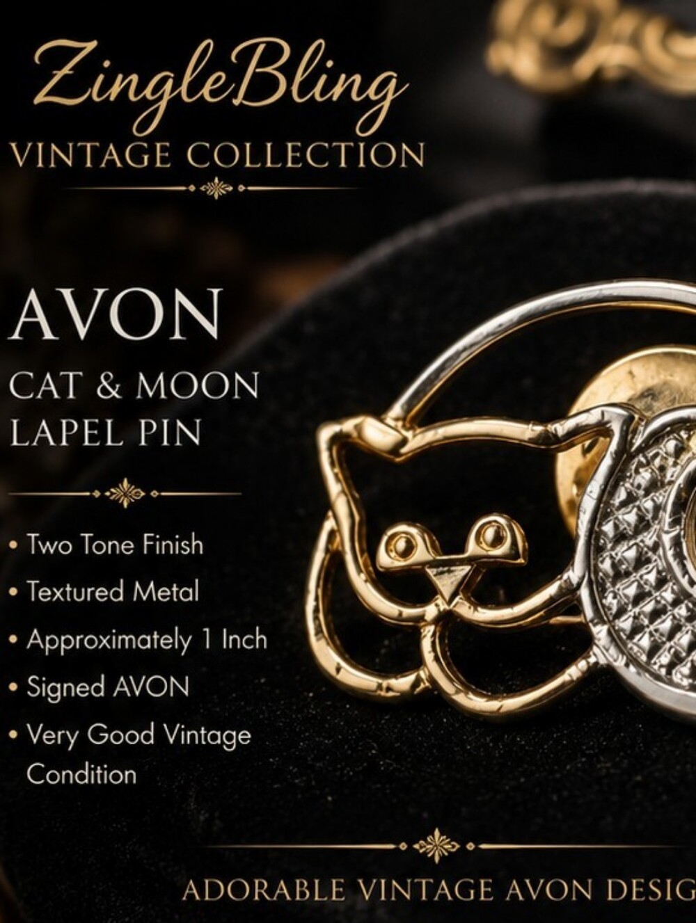Vintage Avon Cat Moon Lapel Pin Two Tone Silver Gold Tone Signed
